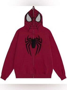 Spider Full Zip Hoodie in Deep Red Black Spider Emblem